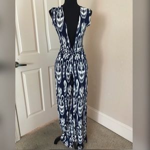 Blue and white fitted jumpsuit pants romper.